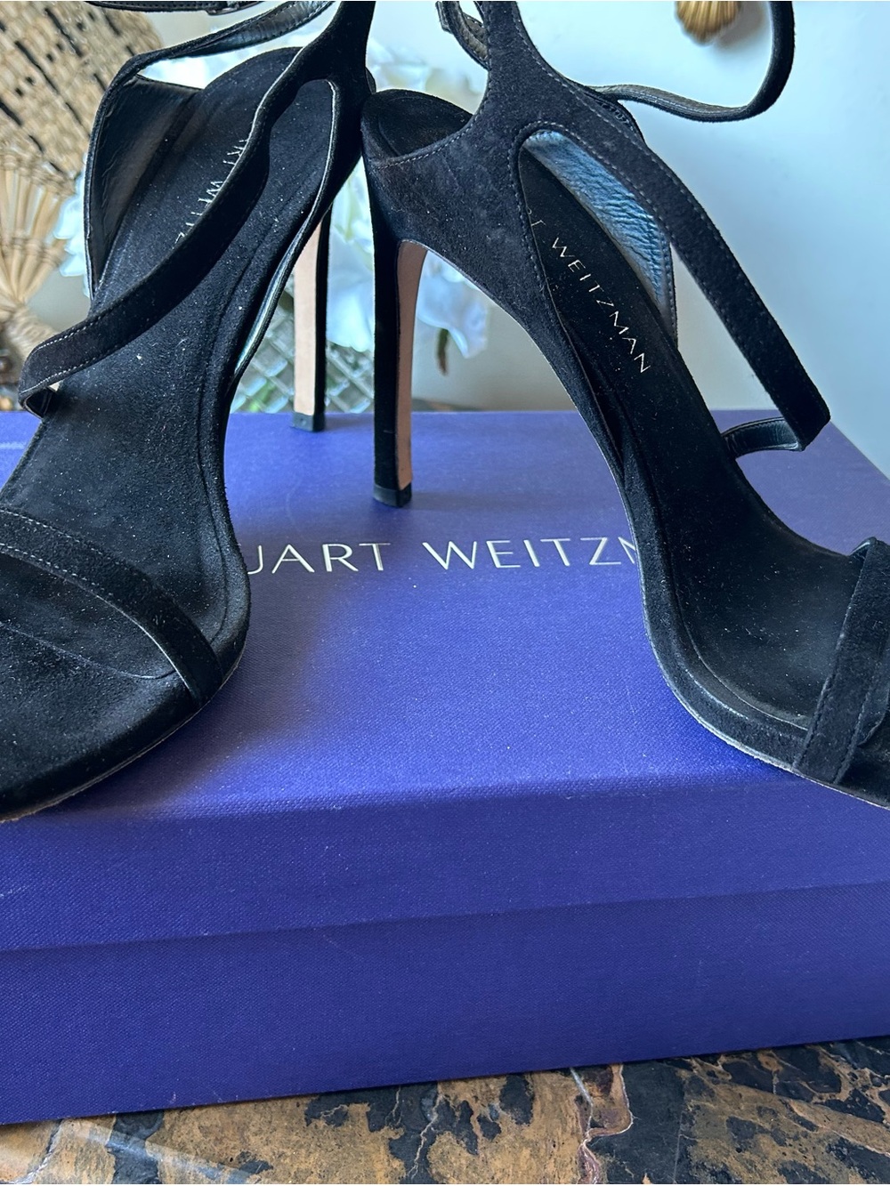 Stuart Weitzman Black Suede Strappy High Heel Sandals